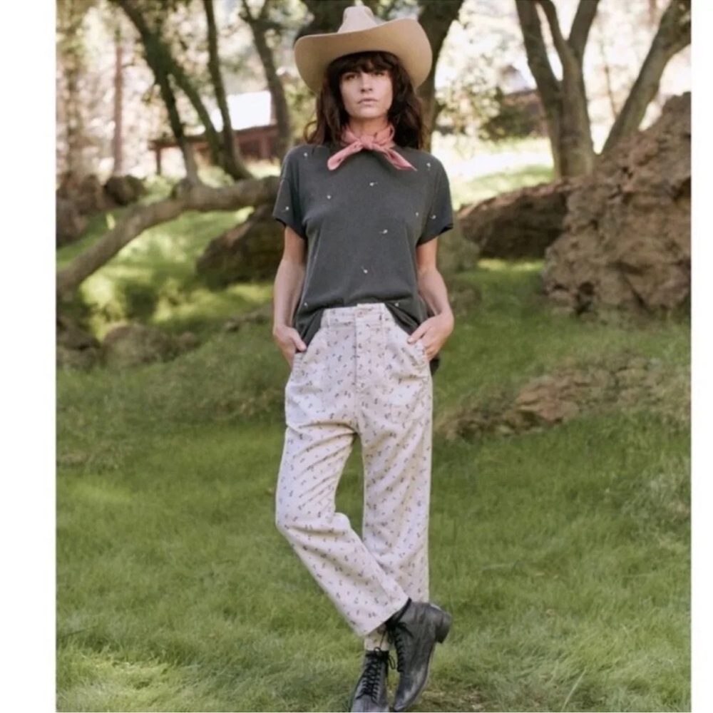 THE GREAT. Gray Floral Linen Blend Pants Size 26 Straight Leg Ranger $325